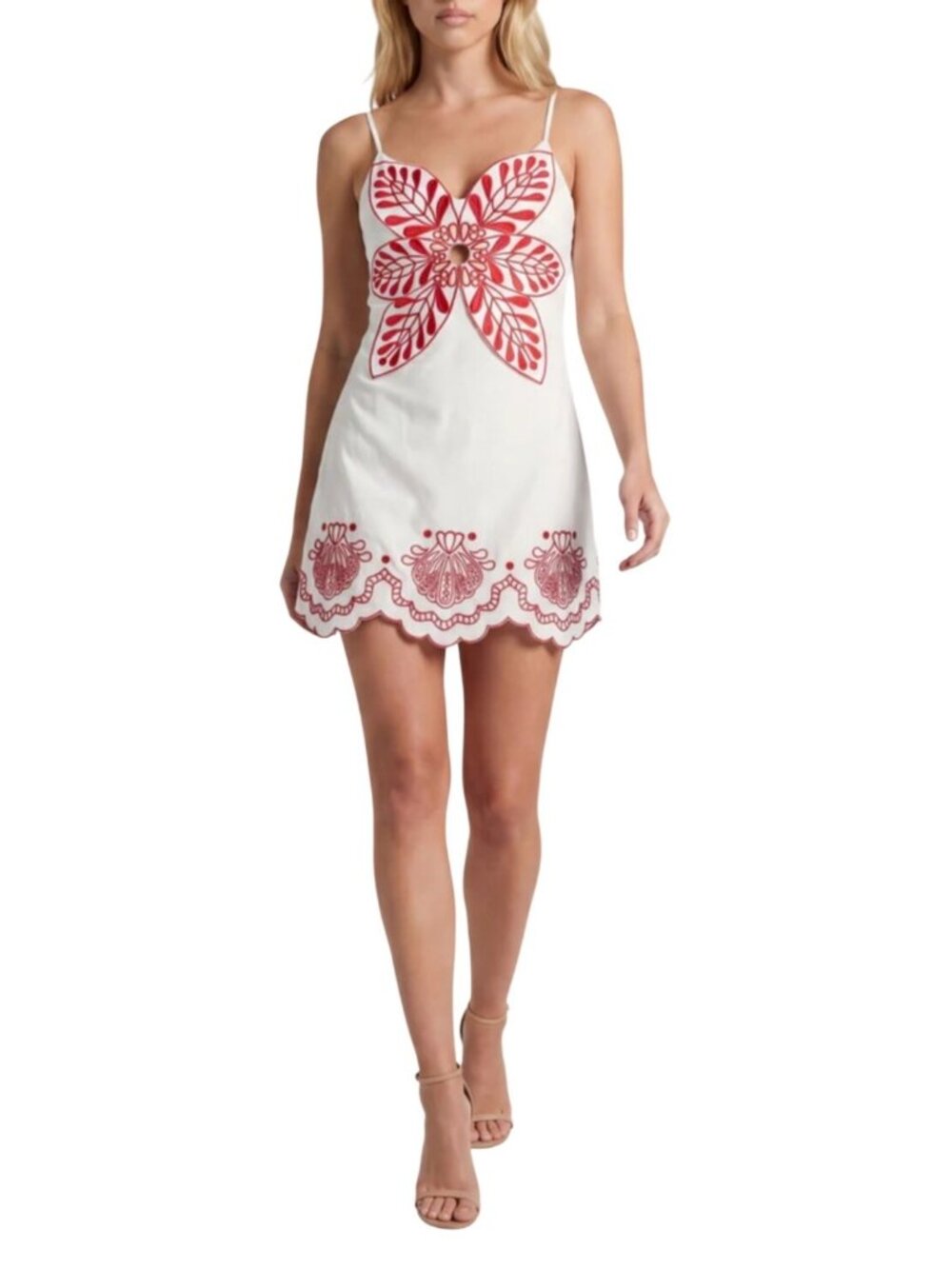 Isla New Dress White Red Embroidered Flower Linen Blend Sleeveless NWT $128